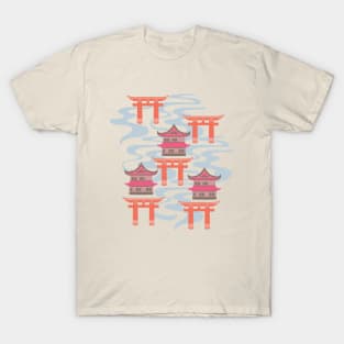 EDO Traditional Japanese Castles and Oriental Japan Torii Gates with Flowing River in Vintage Palette Fuchsia Pink Coral Orange Brown Blue White - UnBlink Studio by Jackie Tahara T-Shirt